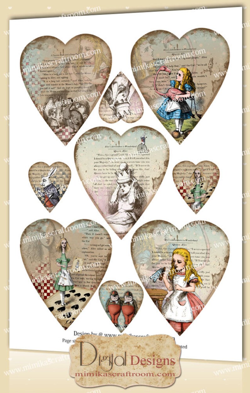 Heart GIFT TAGS Alice in Wonderland Digital Collage Sheet Printable Download Vintage Paper Craft Greeting Cards scrapbook paper Instant image 3