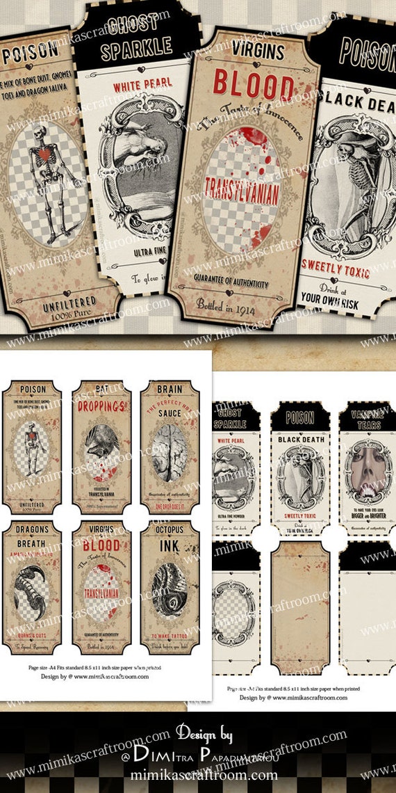 Halloween Apothecary Labels, Halloween bottle digital labels, Halloween Jar labels, Printable download digital collage sheet gift tags