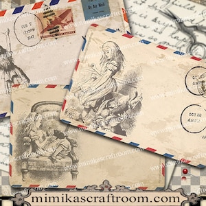 Digital Collage Sheet ALICE AIR MAIL Envelope, Background, Printable download alice in wonderland Cards, instant wonderland decorations
