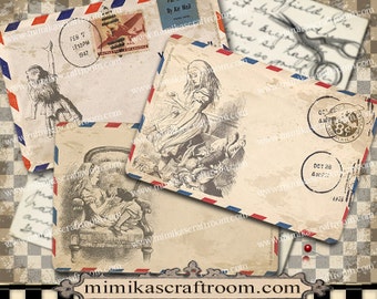 Digital Collage Sheet ALICE AIR MAIL Envelope, Background, Printable download alice in wonderland Cards, instant wonderland decorations