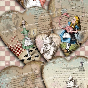 Heart GIFT TAGS Alice in Wonderland Digital Collage Sheet Printable Download Vintage Paper Craft Greeting Cards scrapbook paper Instant image 2