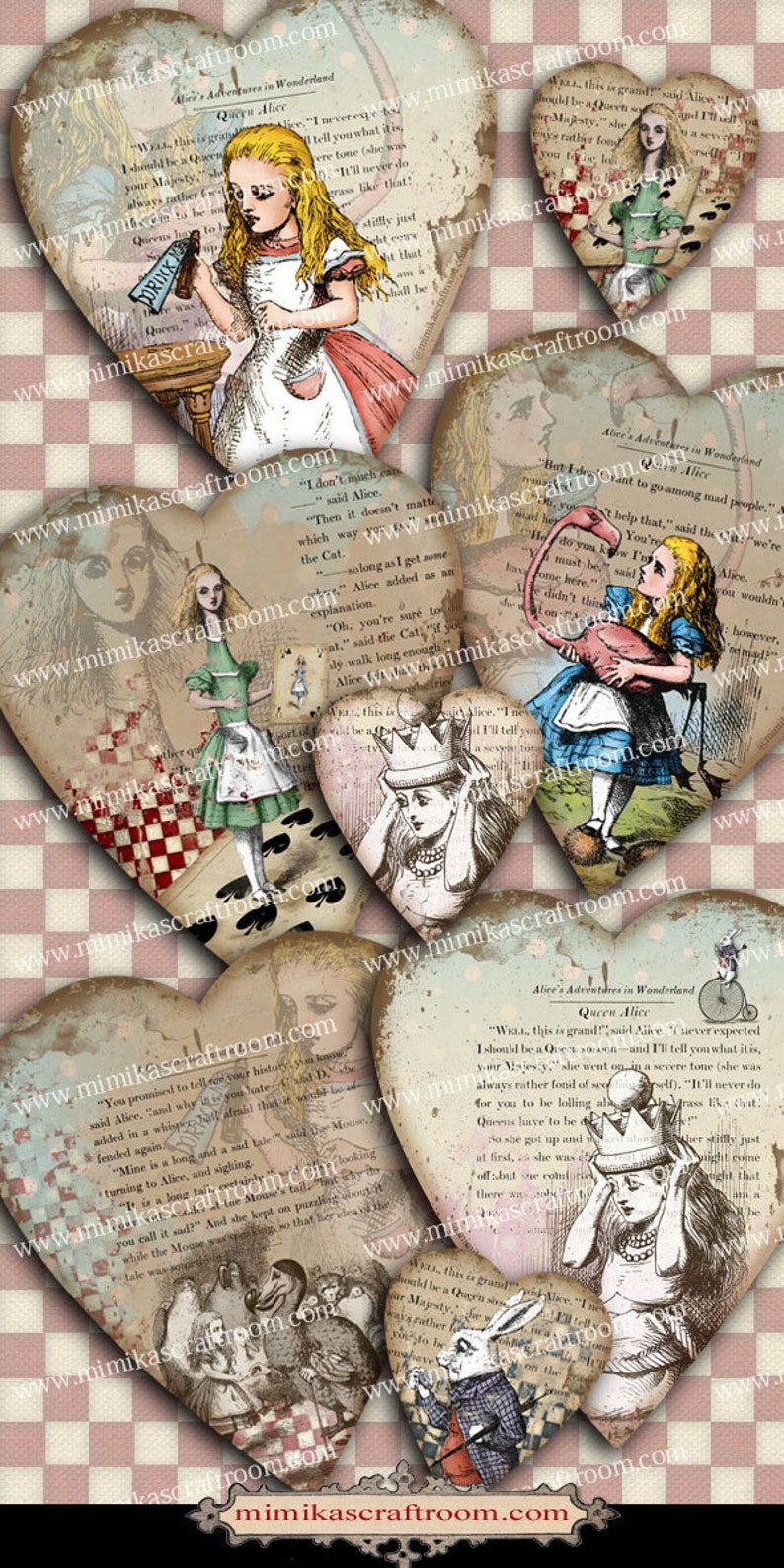 Heart GIFT TAGS Alice in Wonderland Digital Collage Sheet Printable Download Vintage Paper Craft Greeting Cards scrapbook paper Instant image 2