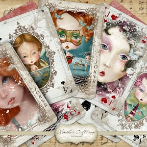 Encantadoras damas jugando a las cartas, baraja completa, collage digital imprimible hoja, papel scrapbook Whimsical, papel digital, para imprimir etiquetas ATC