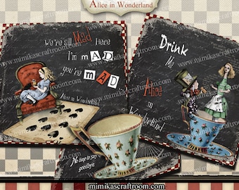 Alice in Wonderland Digital Collage Sheet, Magnets Images, Alice Printable download Greeting Cards Gift Tags Coasters graphics 4x4