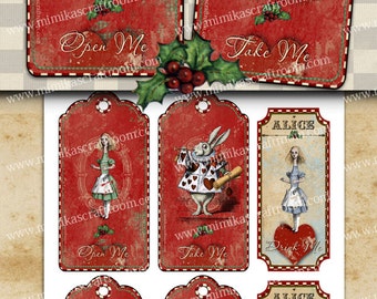 Christmas Alice in Wonderland Tags on Digital Collage Sheet Printable Christmas decor prints Christmas downloads, paper craft, labels, print