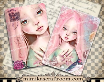 PINK DOLL - Digital Collage Sheet on Printable Paper cards 4x6 inches Background - Instant Download