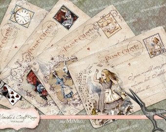 Alice in Wonderland Postcards 4x6 inches instant download printable images digital collage sheet scrapbook paper cards