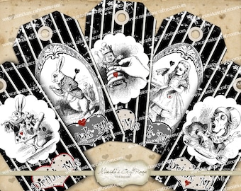 Alice in Wonderland digital paper, printable party gift tags on digital collage sheet, drink me labels, digital scrapbook black and white