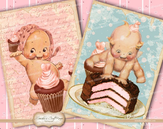 KEWPIES digital paper aceo cards on digital collage sheet, printable atc cards backgrounds - Instant printable download