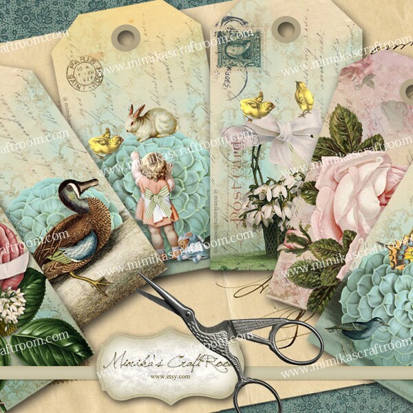 Printable Shabby Chic Gift Tags on Digital Collage Sheet, Printable ...