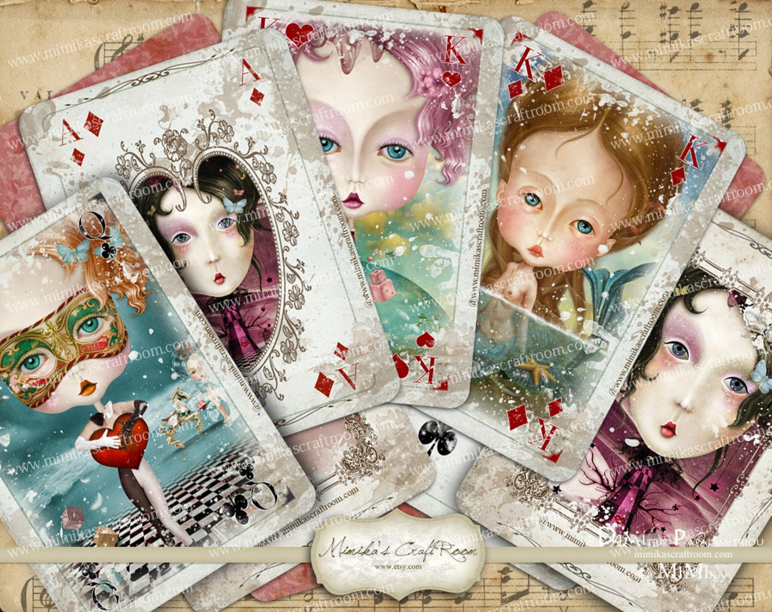 Charming Ladies Playing Cards, Full Deck, Printable Digital Collage