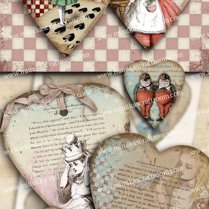 Heart GIFT TAGS Alice in Wonderland Digital Collage Sheet Printable Download Vintage Paper Craft Greeting Cards scrapbook paper Instant image 1