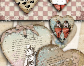 Heart GIFT TAGS Alice in Wonderland Digital Collage Sheet Printable Download Vintage Paper Craft Greeting Cards scrapbook paper Instant