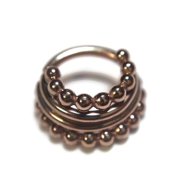 Solid 14 Karat Rose Gold Beaded Stacked Septum Ring ~ Quad Stacked Nose Ring ~ Body Jewelry Quadruple Layered Beaded Detail