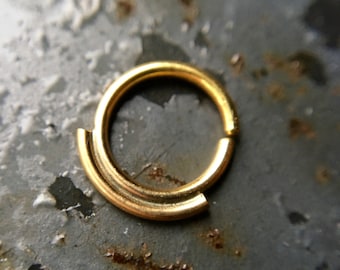 Solid 14 Karat Gold Septum Ring ~ Simple Little Yellow Gold Nose Hoop ~ Hypoallergenic ~ Small Detail Double Bar Body Jewelry