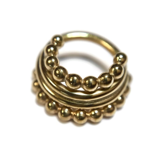 Solid 14 Karat Yellow Gold Beaded Stacked Septum Ring ~ Quad Stack Layered Nose Ring ~ Quadruple Tribal Indian Style Nose Ring
