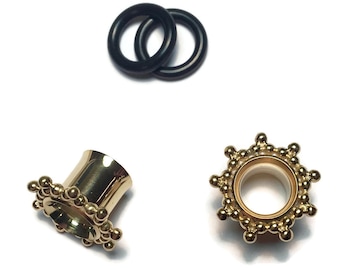 Gold Plugs Gauged Earrings ~ Yellow Gold Dipped Sterling Silver ~ Starburst Beaded Tribal Details ~ High Polish Tube Plug Earrings