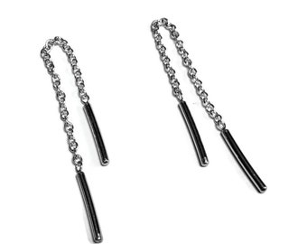 Gauged Threaded Dangle Earrings ~ Sterling Silver Stretched Earring Weights ~ Chain & Bar Dangle Earrings ~ Drop Stick Hanger Ear Weights