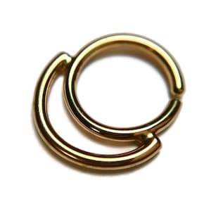 May include: A gold-colored metal hoop earring with a half-circle design.