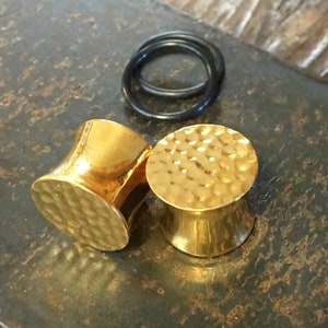 Textured Capped Gold Plugs ~ Hammer Lightweight Hollow ~ Yellow Gold Dipped Sterling Silver Tunnels ~ Gauged Earrings ~ Tube Earrings