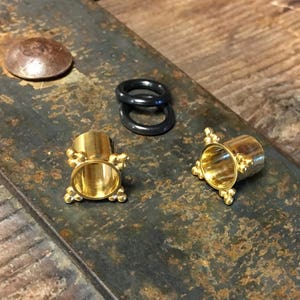 Yellow Gold Compass Rose Gauge Earrings ~ Gold Plugs ~ Yellow Gold Gauges ~ Piercing Tubes ~ Beaded Tribal Stretched Earring