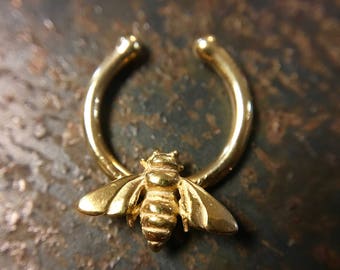 Golden Bee Faux Septum Ring ~ Fake Clip-on Nose Ring ~ Yellow Gold Dipped Bumble Bee Body Jewelry