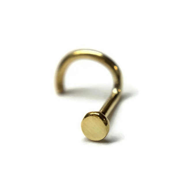 Solid 14 Karat Yellow Gold Disc Nose Stud ~ 2mm Flat Nostril Piercing ~ Flat Bead Nose Screw ~ Simple Nose Bone Piercing Jewelry