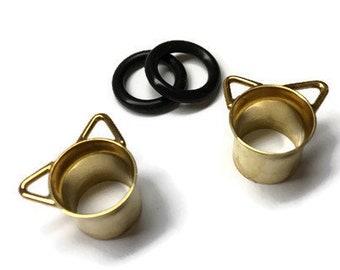 Gold Cat Gauges ~ Kitty Tube Earrings ~ Yellow Gold Dipped Sterling Silver Gauges ~ Stretched Lobes, Cat Earrings ~ Gold Plugs