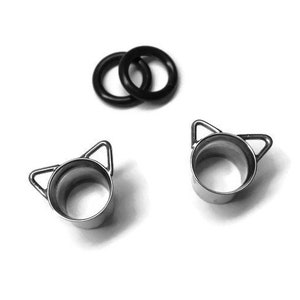Cat Gauged Earrings, Silver Ear Tubes, Silver Gauges, Stretched Lobes, Cat Earrings