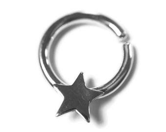Shiny Silver Star Septum Ring ~ 5 Point Star ~ Twist on Nose Hoop ~ Daith Piercing ~ 5mm Star Body Jewelry ~ Nickel-Free Nose Ring