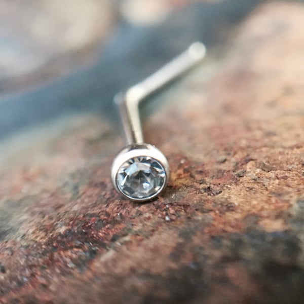 Simple Tiny Crystal Nose Stud ~ 2mm Bezel Set Cute Little Gemstone Nostril L Bend Post ~ Hypoallergenic Surgical Steel