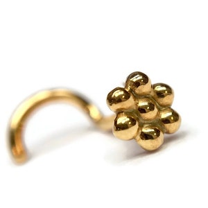 Solid 14 Karat Yellow Gold Flower Nose Stud ~ Indian Style Nose Screw ~ Daisy Nostril Piercing Jewelry ~ Beaded Flower