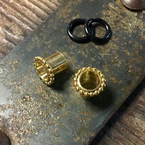 Gold Beaded Gauged Earrings ~ Simple Tribal Plugs ~ Yellow Gold Dipped Sterling Silver ~ Classy Body Jewelry ~ Ear Tunnels