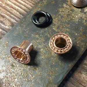 Rose Gold Gauged Earrings ~ Pink Gold Dipped Sterling Silver Plugs ~ Beaded Hoop Body Jewelry ~ Stretched Earlobes