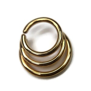 Gold Triple Hoop Septum Ring ~ 3 Ring 1 Piercing ~ Yellow Gold Dipped Sterling Silver Body Jewelry ~  Layered Nose Ring ~ Triple Stack
