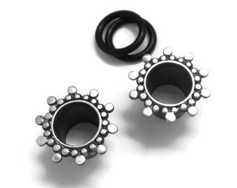 Sterling Plug Earrings ~ Gauged Earrings ~ Oxidized Sterling Silver ~ Beaded Indian Style ~ Starburst Earrings ~ Stretched Lobes