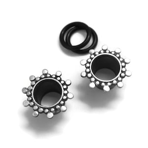 Sterling Plug Earrings ~ Gauged Earrings ~ Oxidized Sterling Silver ~ Beaded Indian Style ~ Starburst Earrings ~ Stretched Lobes