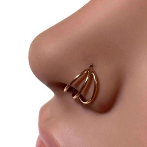 14k Solid  Rose Gold Nose Ring Triple Hoop ~ Layered Nose Ring ~ Pink Gold Stacked Nose Ring ~ Rose Gold Nostril Piercing Jewelry