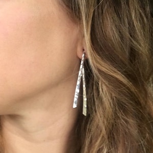 Dangle Gauged Earrings Hammered Finish ~ Sterling Silver ~ Hand Forged Wishbone Ribbon Cut Earrings ~ Metal Ear Weights ~ Textured Hangers