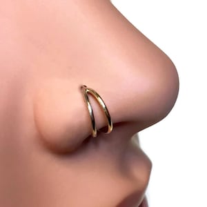 Two Tone Gold Double Layered Nose Ring ~ Solid 14 Karat White and Yellow Gold Hoop ~ Nostril Piercing ~ Nose Jewelry