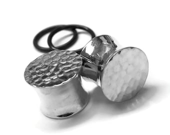 Hammered Capped Sterling Gauges ~ Simple Textured Hollow Ear Plugs ~  Ear Gauges ~ Sterling Silver Stretched Earlobes ~ Body Jewelry