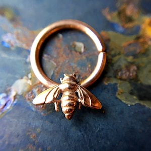 Rose Gold Bee Septum Ring ~ Pink Gold Honey Bee Nose Ring ~ Insect Body Jewelry ~ Daith Piercing ~ Bumblebee Hoop ~ Plate or Solid Gold