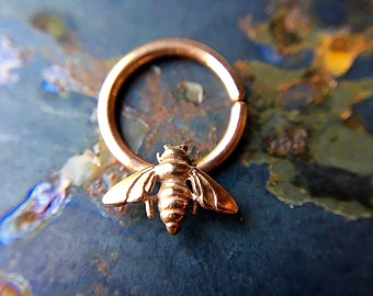 Rose Gold Bee Septum Ring ~ Pink Gold Honey Bee Nose Ring ~ Insect Body Jewelry ~ Daith Piercing ~ Bumblebee Hoop ~ Plate or Solid Gold