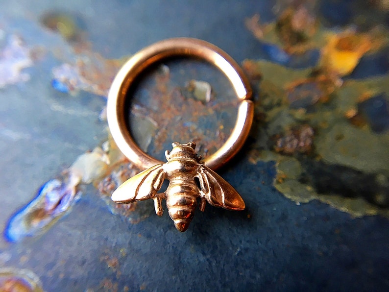 Rose Gold Bee Septum Ring ~ Pink Gold Honey Bee Nose Ring ~ Insect Body Jewelry ~ Daith Piercing ~ Bumblebee Hoop ~ Plate or Solid Gold 