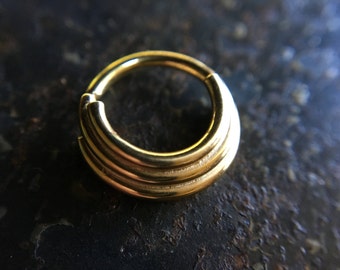 Solid 14 Karat Yellow Gold Triple Stacked Septum Ring ~ Three in One Layered Body Jewelry ~ Solid Gold Piercing Hoop