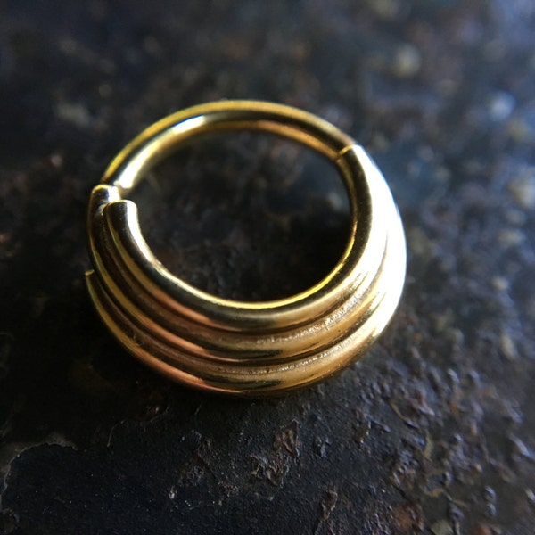 Anillo de tabique triple apilado de oro amarillo macizo de 14 quilates ~ Joyería corporal de tres capas ~ Aro de perforación de oro macizo