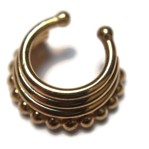 Faux Quad Stacked Septum Ring ~ Clip On Yellow Gold Dipped Nose Ring ~ Layered Golden Faker Septum Ring