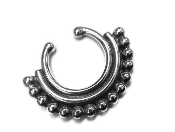 Fake Faux Clip On Tribal 925 Sterling Silver Beaded Nose Hoop Ring Fake Faux Clip On Tribal 925 Sterling Silver Beaded Nose Hoop Ring