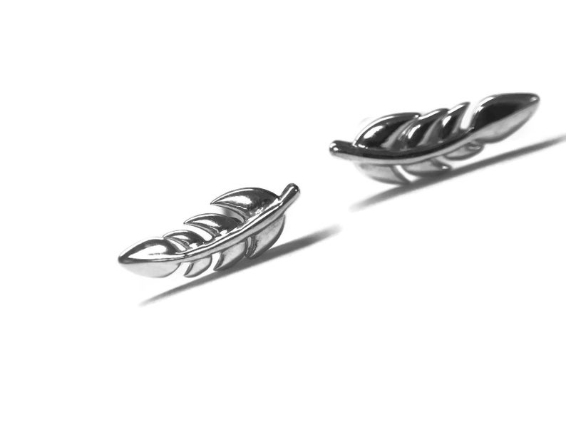 Feather or Leaf Earrings Dainty Little Studs 10mm Long Mini Ear Climbers Stud Earrings Simple Sterling Silver Stud Earring image 3