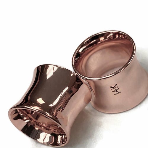 Solid 14 Karat Rose Gold Simple Gauges Tube Earrings ~ Hypoallergenic Stretched Lobes ~ Solid Pink Gold Plugs  ~ Sold as a Pair